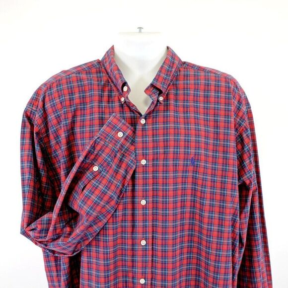Ralph Lauren Blake 2XL Black Two Ply‎ Cotton Plaid Red Green Plaid Button Down - Picture 1 of 11